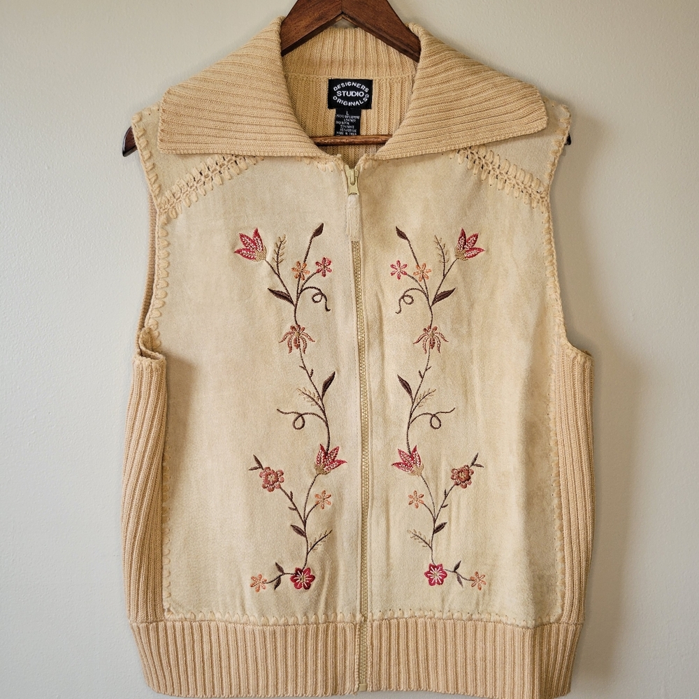 Designers Studio Originals Leather Embroidered Size L Sweater Vest Western Boho